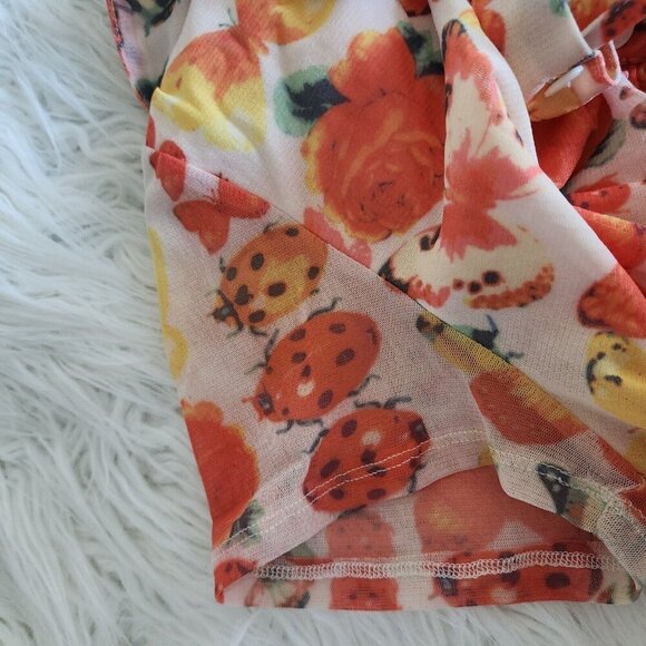 Urban Outfitters Y2K Riko Mesh Orange Butterfly Mini Dress Size M Ruched Button - Picture 13 of 14